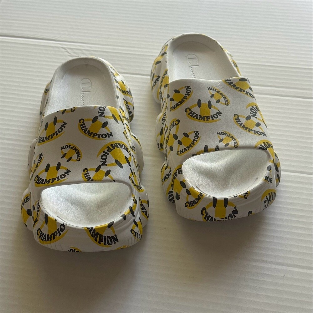 Champion Slide Sandals Unisex Adults White Yellow Smiley Logo Cushioned